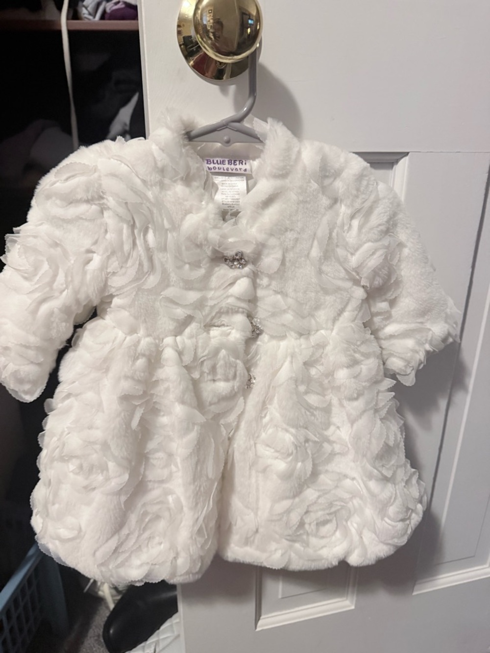 Blueberi Boulevard White Faux Fur Rosette Baby Coat with Jeweled Buttons